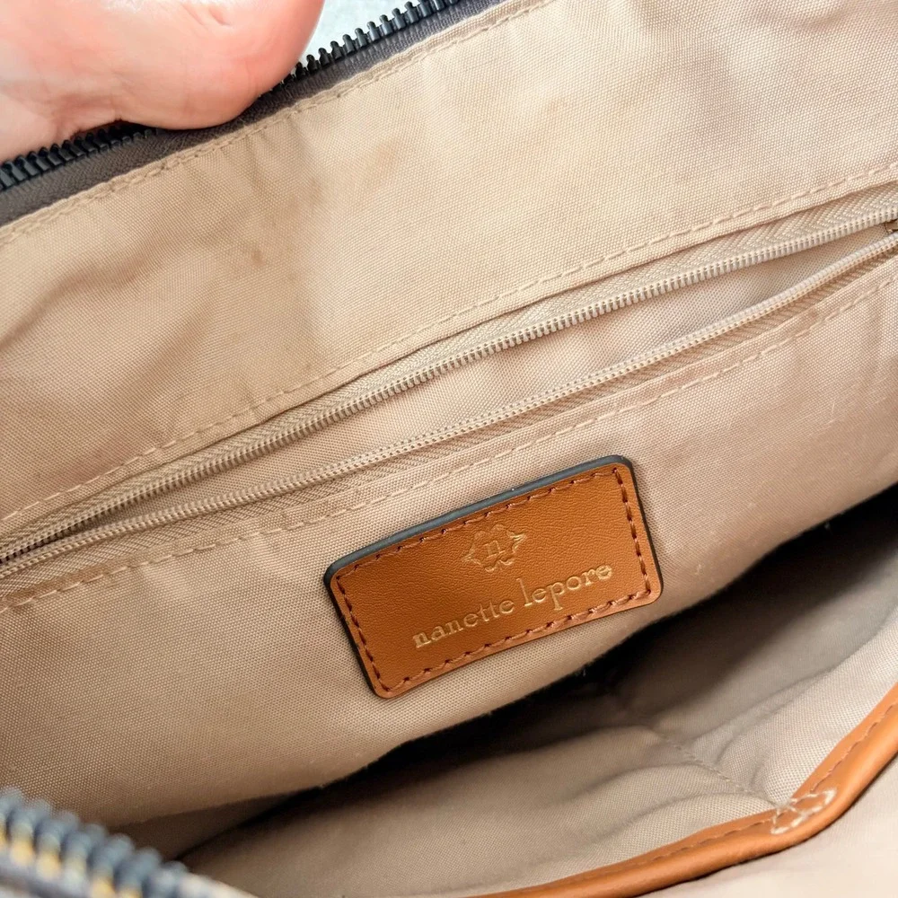 Nanette Lepore Convertible‎ Backpack Crossbody Large Brown Monogram Tan Trim Bag